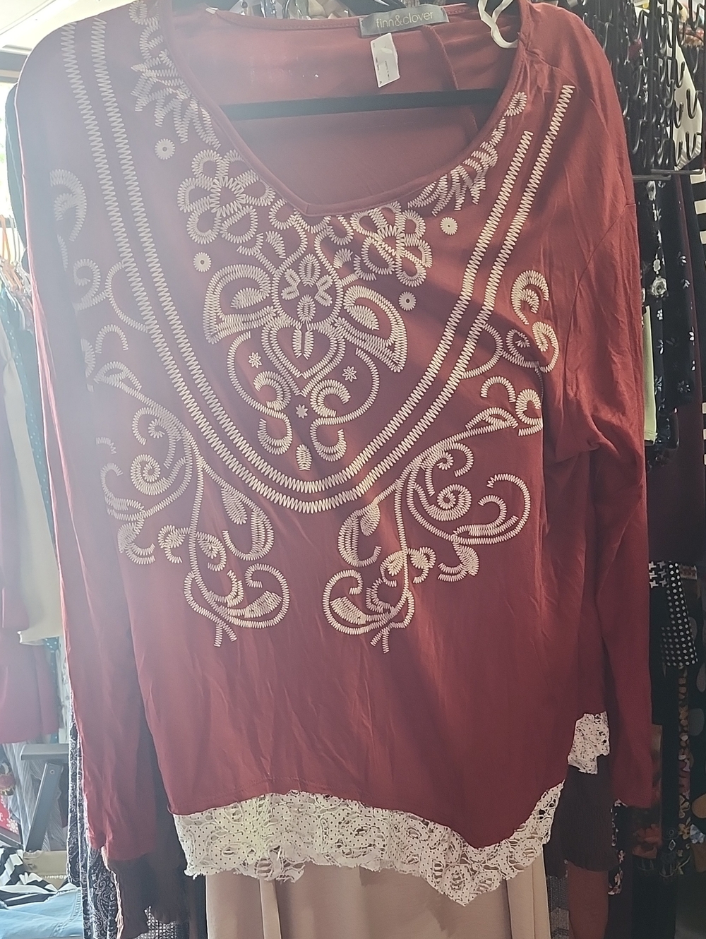 finn & clover Rust Red Embroidered Scoop-Neck Blouse with Lace Hem